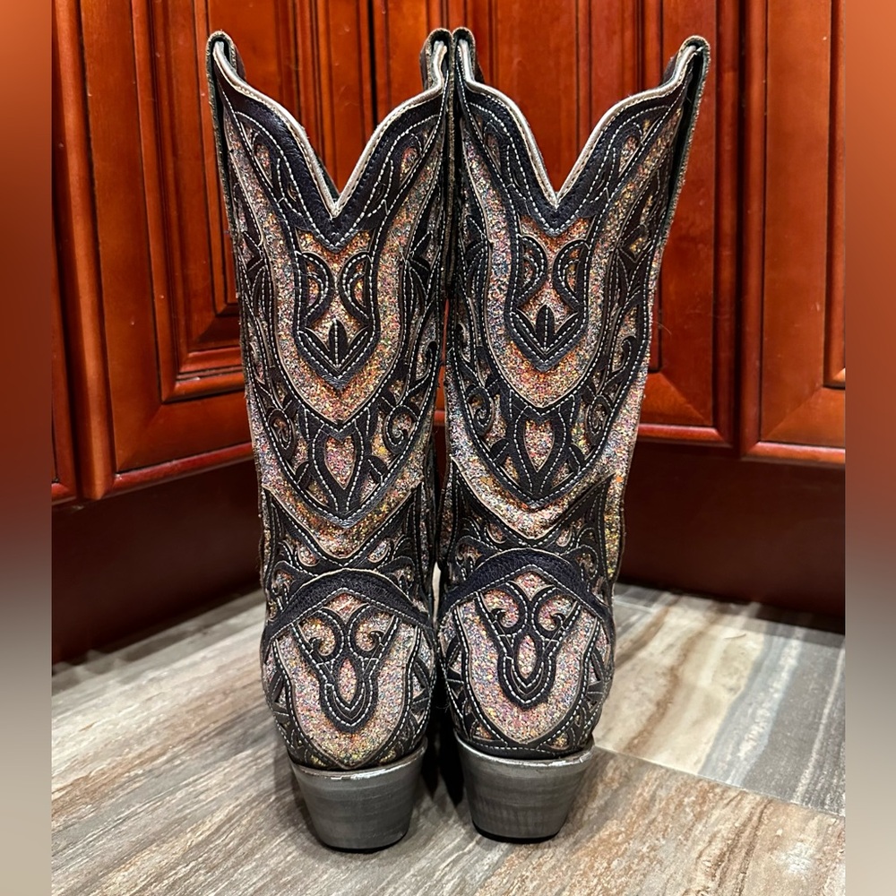 JB Dillon Black Glitter Inlay Sparkle Cowboy Boots Size 7.5 RARE Wedding Cowgirl - Picture 9 of 14